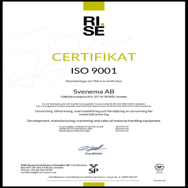 ISO-9001 certifikat utfärdat till Svenema AB